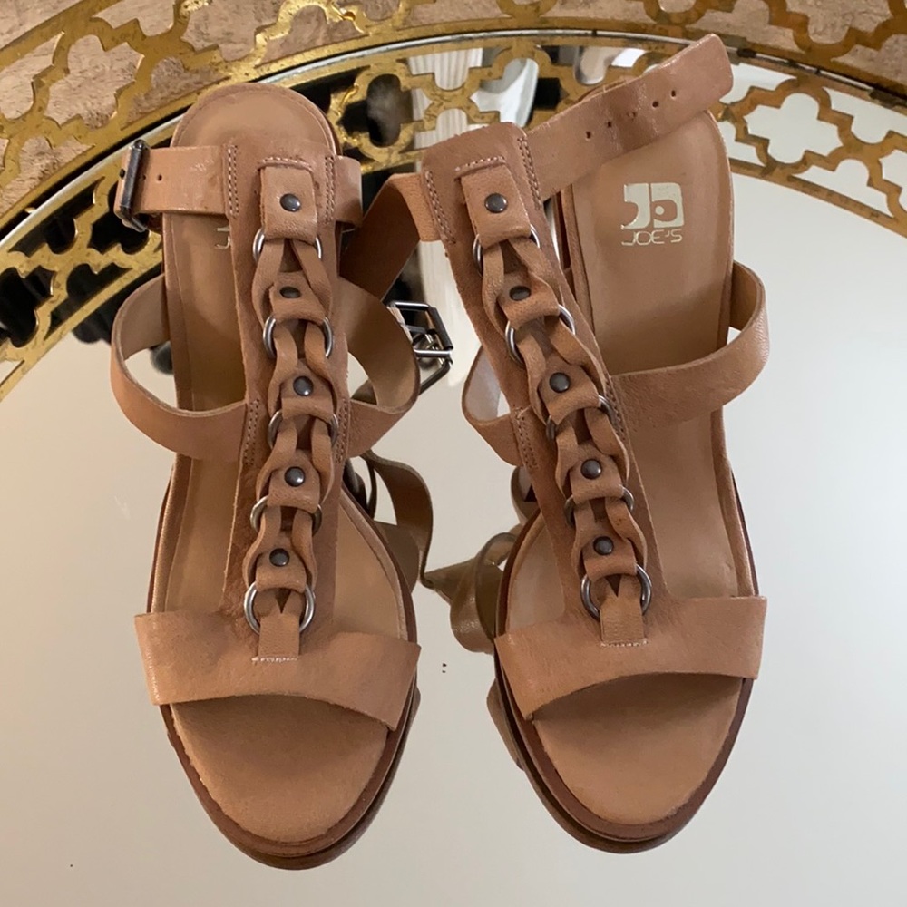 Joe’s T strap heels in tan color.